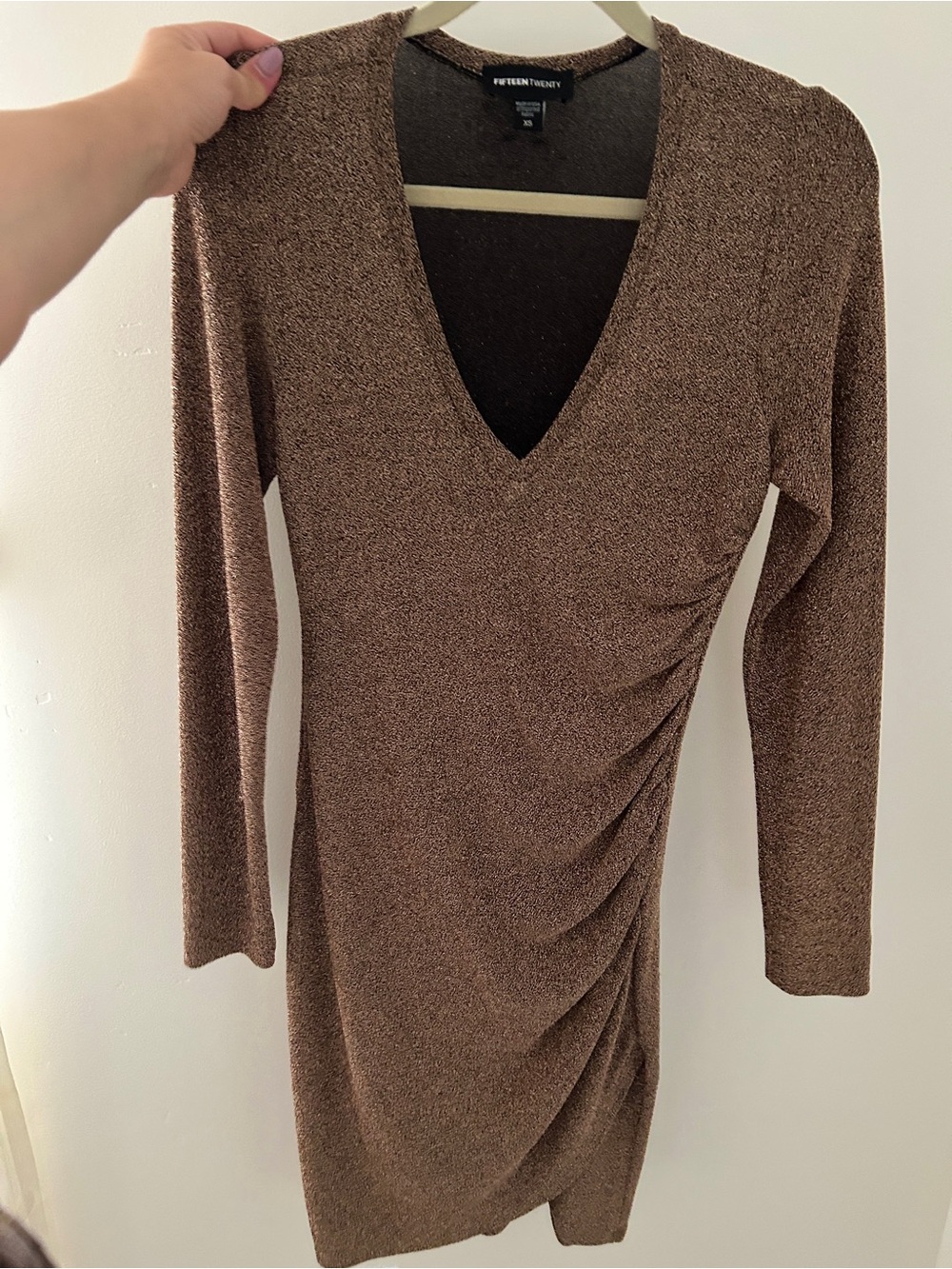 Fifteen Twenty Metallic Brown V-Neck Long Sleeve Ruched Dress